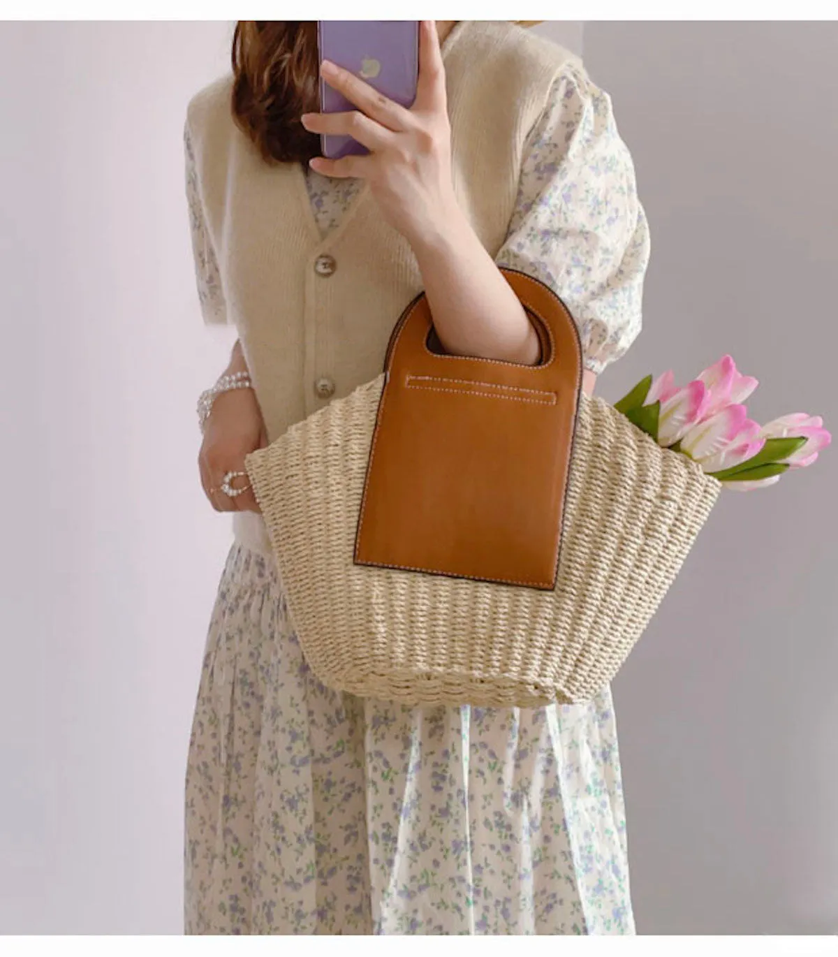 Elena Handbags Straw & Leather Top Handle Summer Bag