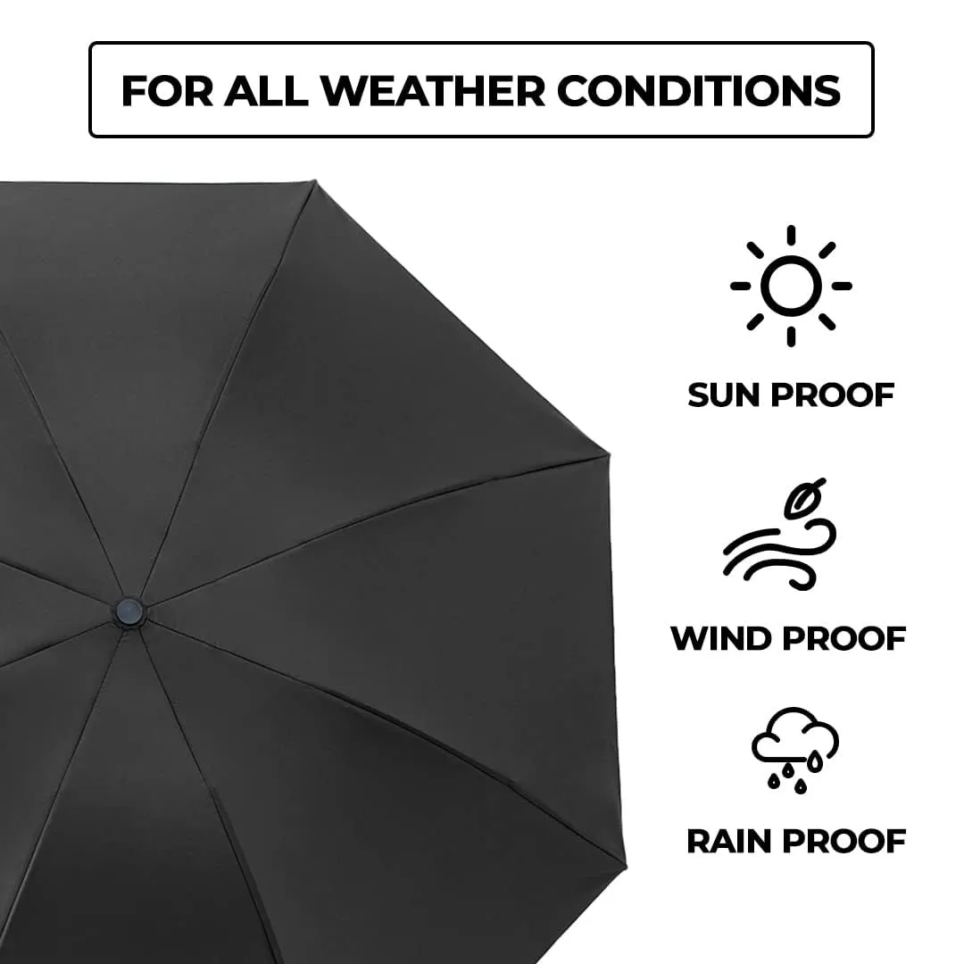 Kuber Industries 3 Fold Manual Umbrella|Windproof, Sunproof & Rainproof|With Polyester Canopy, Sturdy Steel Shaft & Wrist Straps|Easy to Hold & Carry|Umbrella for Women, Men & Kids |Black (Pack Of 6)