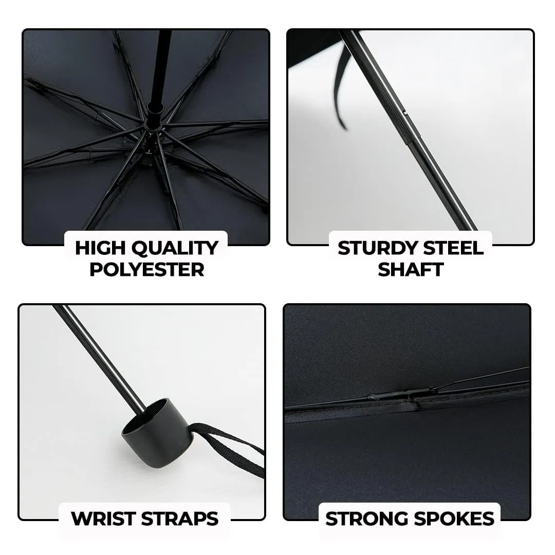Kuber Industries 3 Fold Manual Umbrella|Windproof, Sunproof & Rainproof|With Polyester Canopy, Sturdy Steel Shaft & Wrist Straps|Easy to Hold & Carry|Umbrella for Women, Men & Kids |Black (Pack Of 6)